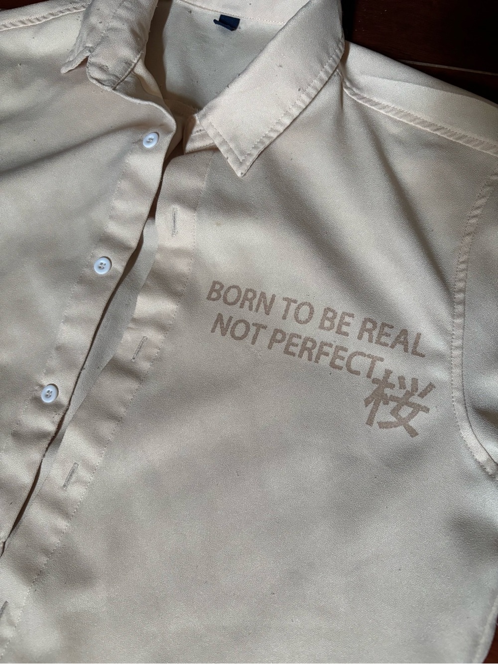 Men's Beige Button-Up Shirt with 'Born to Be Real' Print